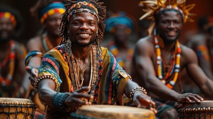 A traditional African dance performance, where dancers move with grace and agility to the rhythm of the drums. - obrazy, fototapety, plakaty