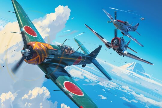 A detailed illustration of two Japanese A6M Zero fighters fighting an American P51 plane in the sky, with a blue background on a sunny day The image is colorful, with high details, high resolution, hi