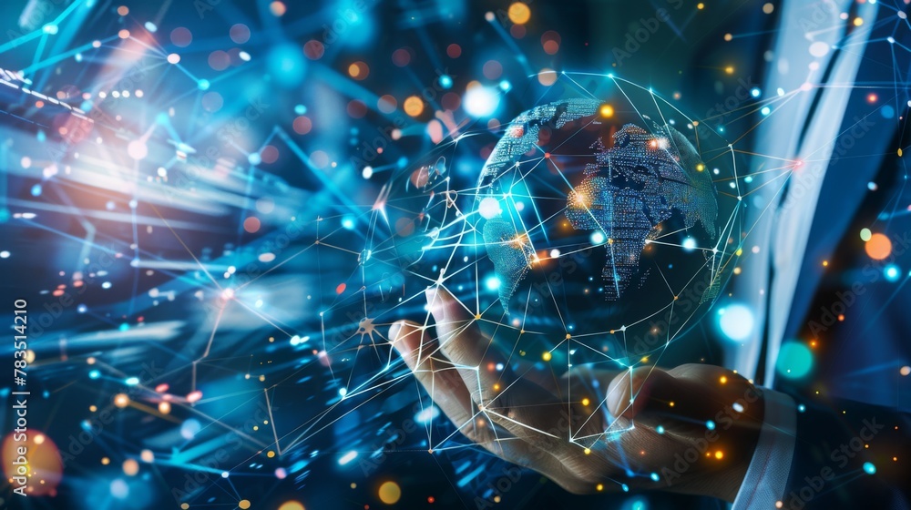 Poster global business concept. communication network. management strategy. digital transformation.