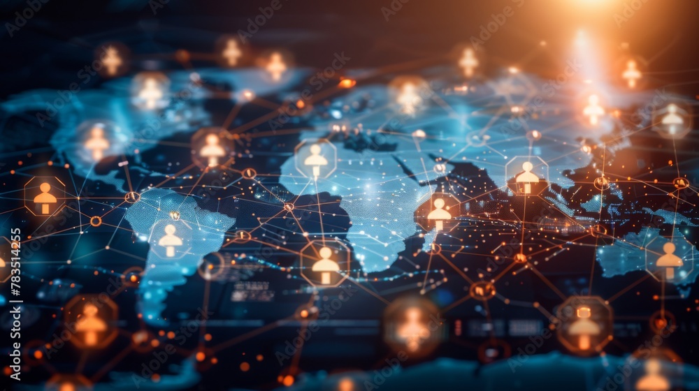 Poster Global business structure of networking. Analysis and data exchange customer connection, HR recruitment and global outsourcing, Customer service, Teamwork, Strategy, Technology and social network