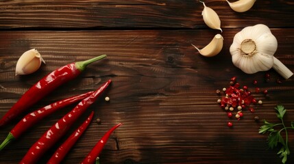 Garlic with red chili pepper on wooden background.