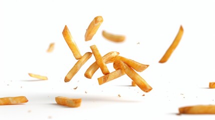 French fries levitate on a white background - obrazy, fototapety, plakaty