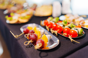 Assorted canapes on metal trays. Delicious appetizers for a buffet. 