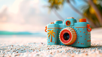 Vintage film camera on beach background - obrazy, fototapety, plakaty