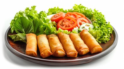 Fried spring rolls on a plate isolated on white background. "Lumpia or lunpia, is traditional spring roll skin snack from Semarang,