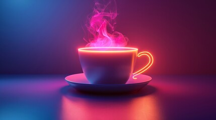 Neon Lit Steaming Coffee Cup on Dark Surface
