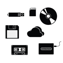 Storage devices black icons flat vector isolated on white background.