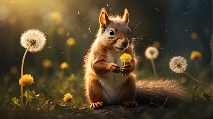 A whimsical squirrel resting on its hind legs, gently blowing on a dandelions while the seeds drift out into a gentle glow. - obrazy, fototapety, plakaty