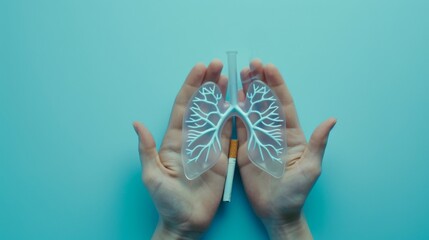 Hands protect lungs from cigarette on light blue background. Stop smoking. World No Tobacco Day concept. Copy space for advertisers. - obrazy, fototapety, plakaty