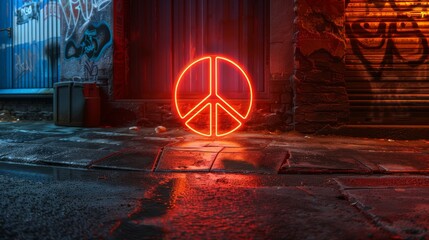 Neon Peace Sign on Rainy Street with Urban Vibe