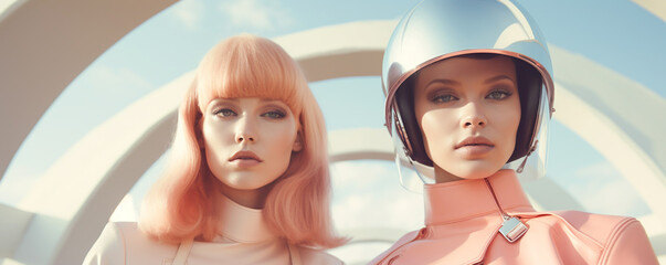Women adorned in futuristic attire, featuring pastel hues