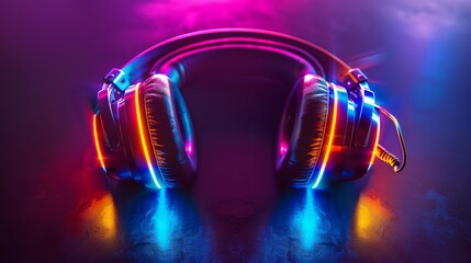 Headphones Wrapped in Vibrant Neon Lights on Dark Surface
