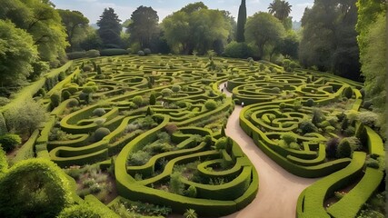 A stately garden with a vast maze in the middle that entices guests to get lost in its winding paths and lush vegetation