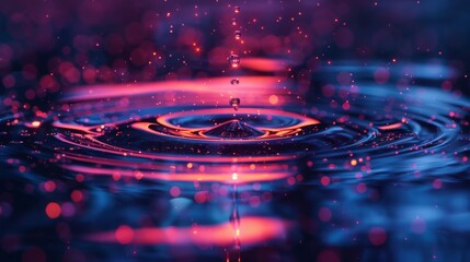 Water Drop Impact Causing Colorful Ripples on Neon Surface - obrazy, fototapety, plakaty