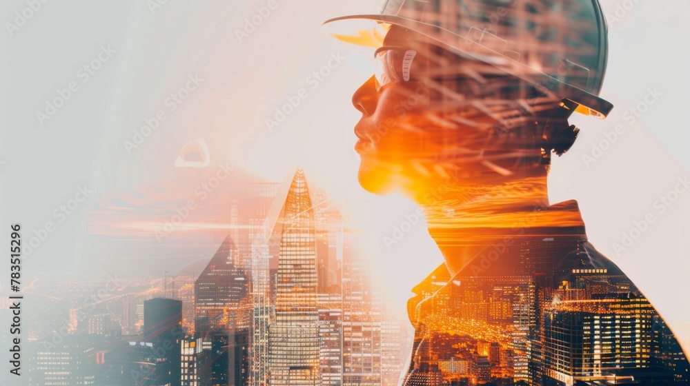 Aufkleber Infrastructure Construction Building and Engineering Futuristic Concept, Double Exposure of Construction Engineer With Modern Architecture City Skyscraper. Future Building Service and Architect Work