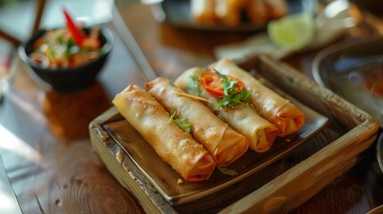 Lumpia Spring Rolls on Wooden Table in Restaurant