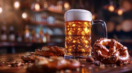 Oktoberfest Beer Mug and traditional German pretzels - obrazy, fototapety, plakaty