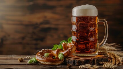 Oktoberfest beer with pretzel, wheat and hops on wooden table - obrazy, fototapety, plakaty