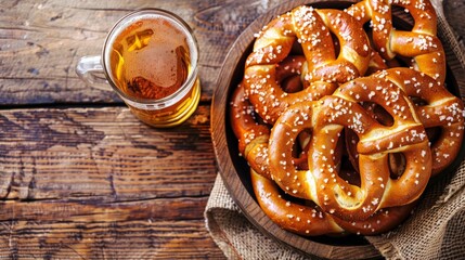 Oktoberfest salted soft pretzels in a bowl and beer from Germany on wooden background.