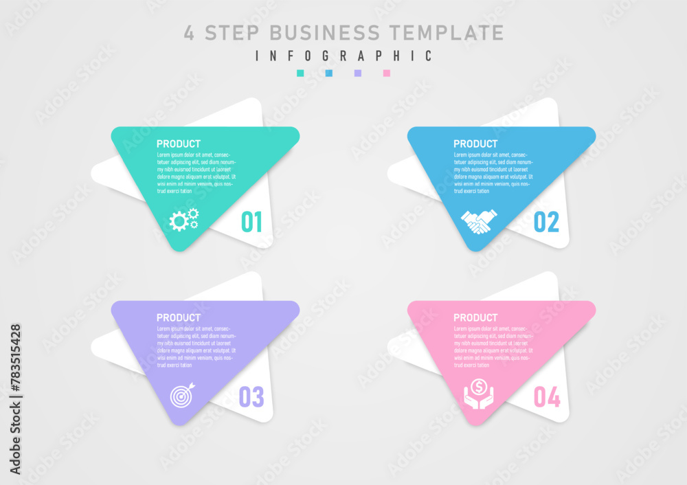 Poster infographic template 4 white triangle product options Below are numbers in the corners of multi-colored triangles above. White letters and icons in the middle of a gray gradient background.