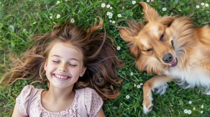 Laughing girl and cute dog enjoy summer day on the grass in the park. Spring, Easter background. Top view portrait.