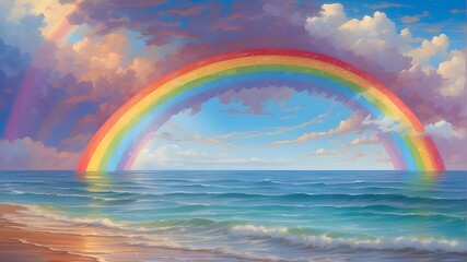 Rainbow against a background of blue sky and sea. Sky after rain