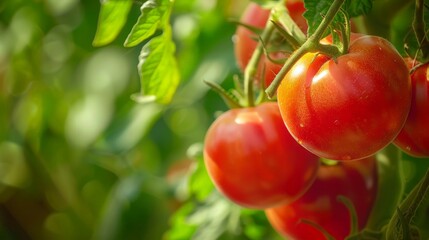 Ripe red tomatoes are on the green foliage background, hanging on the vine of a tomato tree in the garden.