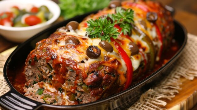 Meat loaf stuffed with cheese,pepper and olives.