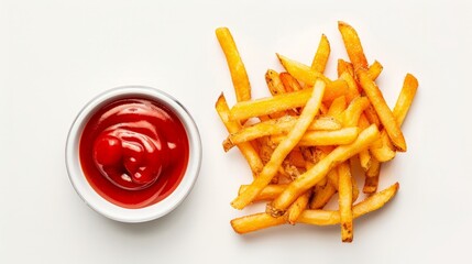 Salted French fries and ketchup on white background