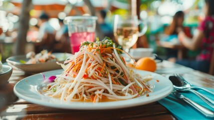 Papaya salad is in the white plate. Big chilly is in the papaya salad. - obrazy, fototapety, plakaty