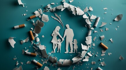 Paper cut of family destroyed by cigarettes. Drugs destroying family concept. Quit smoking for life on World no Tobacco day concept. World no tobacco day. Copy space for advertisers. - obrazy, fototapety, plakaty