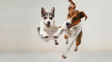 Portrait of jumping, happy puppy of Jack Russell Terrier and grey cat on white background. Free space for text. Wide angle horizontal wallpaper or web banner.