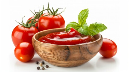 Tasty ketchup in wooden bowl and fresh tomatoes isolated on white, closeup