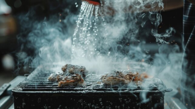 Putting out the fire, pouring water on the grill. Lots of smoke in slow motion.