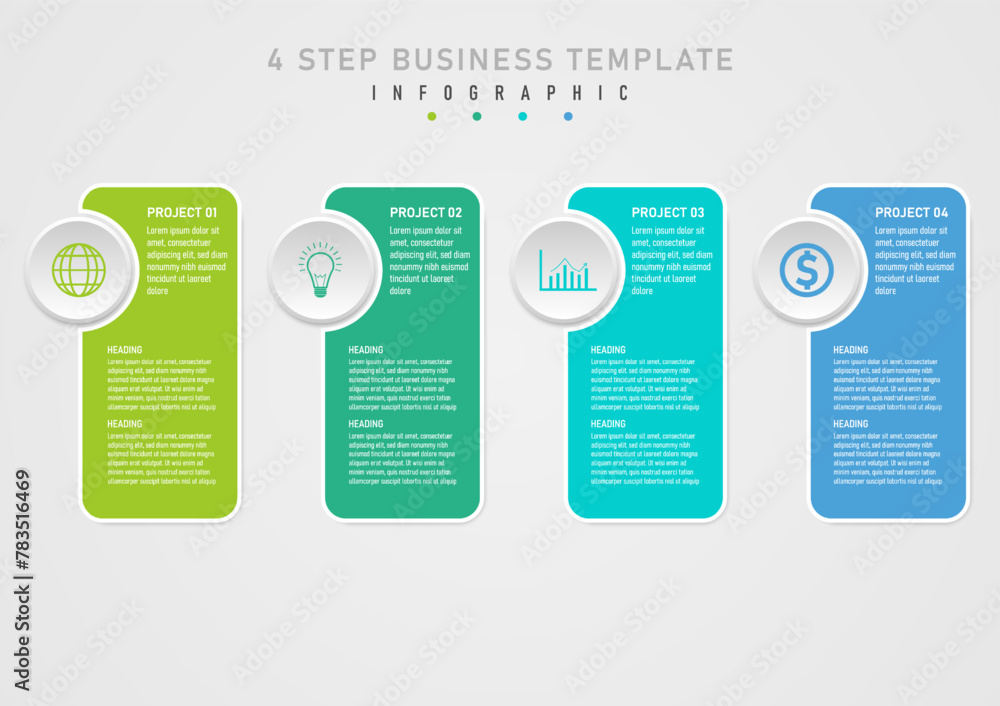 Poster infographic template 4 project options multi-colored squares white border with text in the center th