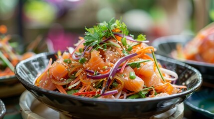 Selective focused of Salmon salad in Thai style - obrazy, fototapety, plakaty