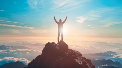 Silhouette of businessman celebrating raising arms on the top of mountain with over blue sky and sunlight.concept of leadership successful achievement with goal,growth,up,win and objective target. - obrazy, fototapety, plakaty