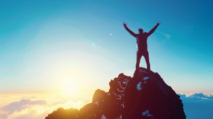 Silhouette of businessman celebrating raising arms on the top of mountain with over blue sky and sunlight.concept of leadership successful achievement with goal,growth,up,win and objective target. - obrazy, fototapety, plakaty