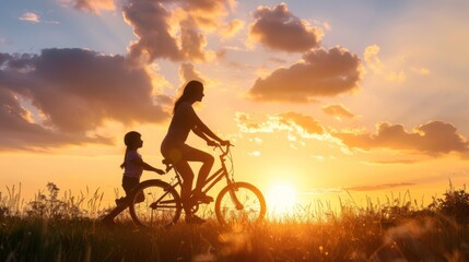 Obraz premium Silhouettes family is together at sunset. Girl learning to ride bicycle, mother teach his daughter to ride a bike in the sunset.