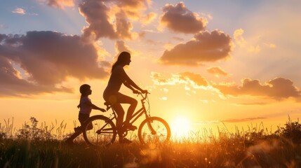 Obraz na płótnie Canvas Silhouettes family is together at sunset. Girl learning to ride bicycle, mother teach his daughter to ride a bike in the sunset.