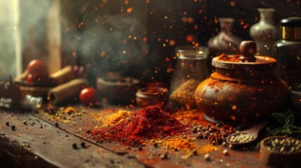 Spices and seasonings on the kitchen table on the old background