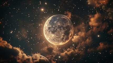 A peaceful scene of a baby moon nestled among the stars, softly glowing in the night sky ,3DCG,high resulution,clean sharp - obrazy, fototapety, plakaty