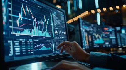 Stock exchange trading data and financial investment. Person using online trading interface with charts and statistics on VR computer screen to analyze ETF and ticker price evolution. Sell or buy. - obrazy, fototapety, plakaty