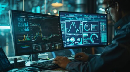 Stock exchange trading data and financial investment. Person using online trading interface with charts and statistics on VR computer screen to analyze ETF and ticker price evolution. Sell or buy.