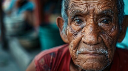 A closeup of a street vendors wrinkled weathered face each line and wrinkle representing the many years theyve spent surviving in this concrete jungle. .