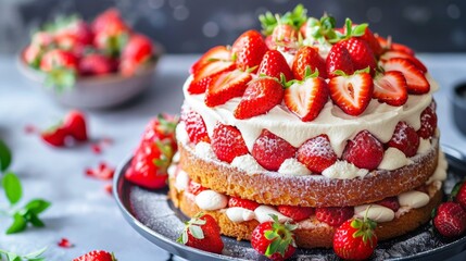 Obraz na płótnie Canvas Strawberry cake, vanilla sponge cake with cream cheese and fresh strawberries. Summer cake. Selective focus