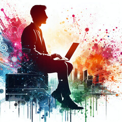 silhouette of businessman with laptop in splashing colorful paint - 783517038