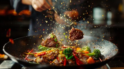 Super slow motion of flying asian beef meat with vegetable from pan. Filmed on high speed cinema camera, 1000 fps. - obrazy, fototapety, plakaty