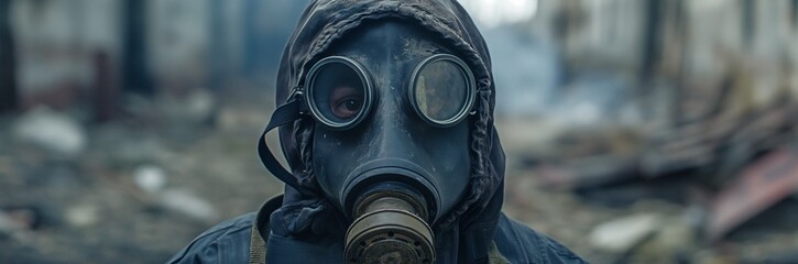while under a chemical attack, a gas mask - obrazy, fototapety, plakaty