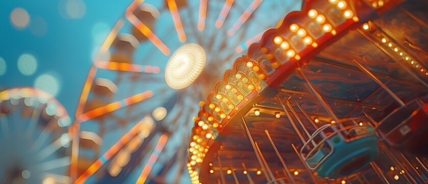 A fairground ferris wheel with a view from below